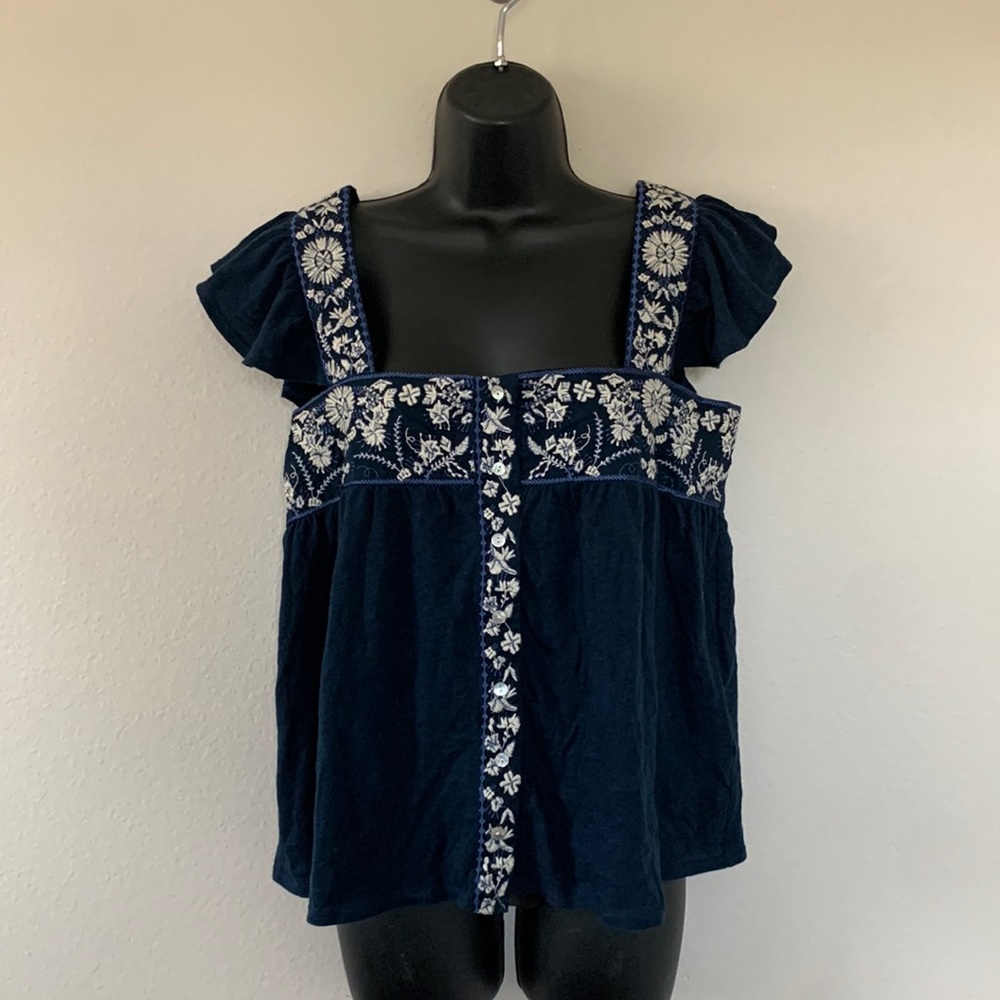 Super Overseas Navy Blue Floral Embroidered Flutter Sleeve Tank Top